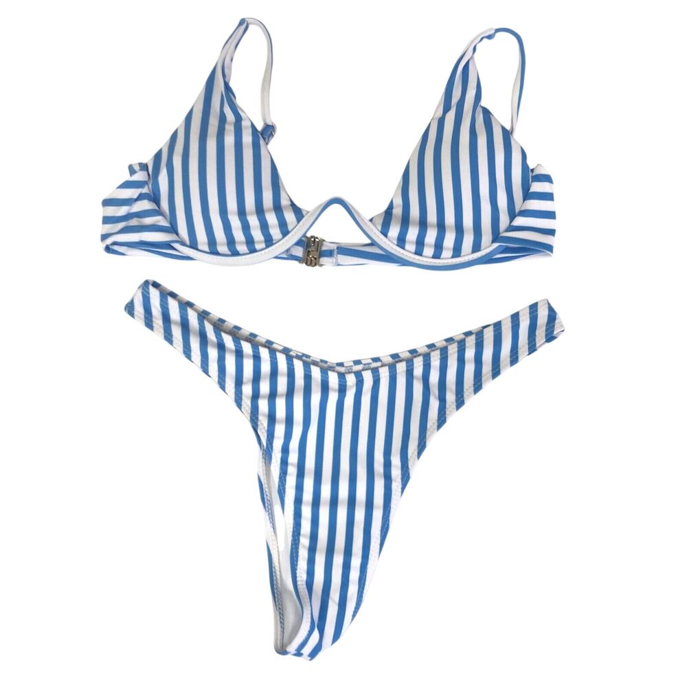 Swim Suit Juniors Medium Two Piece Blue White Striped Padded Underwire